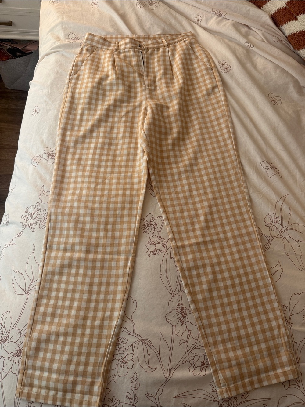 Beige Gingham Casual Pants